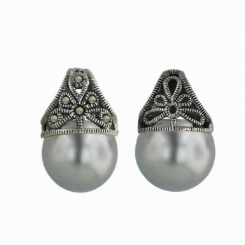 Marcasite Pdnt13mm Gray Pearl Ball both Sade Filigree Marcasite