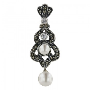 Marcasite Earring Dnagling White Pearl 1 Pcs Clear Cubic Zirconia