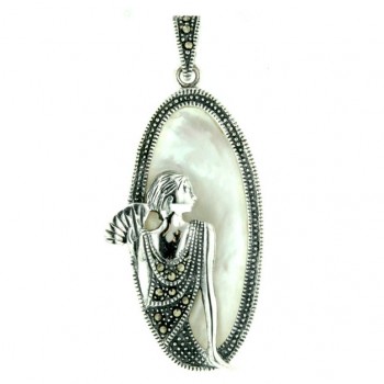 Marcasite Pendant 43X20mm White Mother of Pearl Oval Lady Portrait