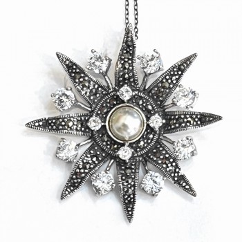 Marcasite Pendant White Glass Pearl Ctr with Sunflwr with Clear Cubic Zirconia