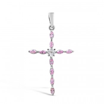 Sterling Silver Pendant Marquis Shaped Pink Cubic Zirconia Cross