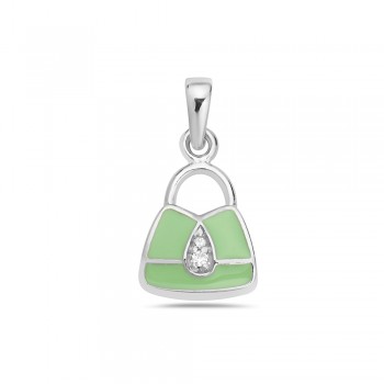 Sterling Silver Pendant Purse Giddy Green Enamel with 2 Pcs Clear Cubic Zirconia