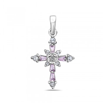 Sterling Silver Pndt Pnk Cubic Zirconia Baguette Cross with Star Cntr