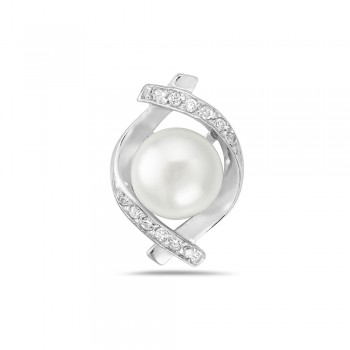 Sterling Silver Pendant 10.5mm White Fresh Water Pearl with Clear Cubic Zirconia Criss Cross