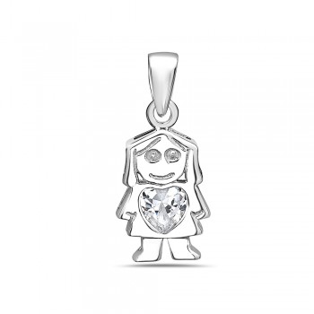 Sterling Silver Pendant Girl with Clear Cubic Zirconia Heart--E-Coat