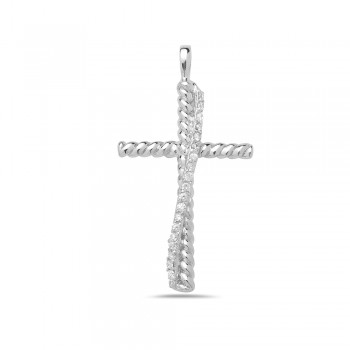 Sterling Silver Pendant Twisted Sticks Cross with Clear Cubic Zirconia Lines