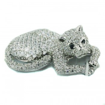 Sterling Silver Pendant Pave Clear Cubic Zirconia Cougar with Black Cubic Zirconia Eyes