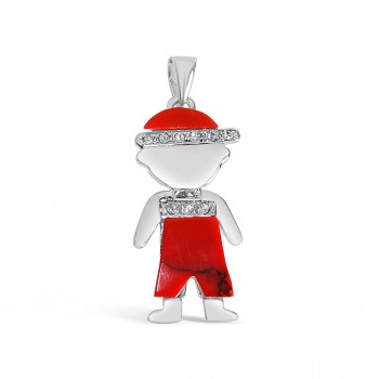 Sterling Silver Pendant Little Boy Wearing Red Coral+Clear Cubic Zirconia H