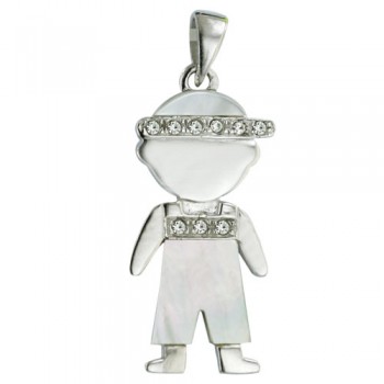Sterling Silver Pendant Little Boy Wearing White Mother of Pearl+Clear Cubic Zirconia Hat &