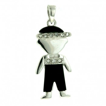 Sterling Silver Pendant Little Boy Wearing Onyx+Clear Cubic Zirconia Hat & Overa