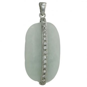 Sterling Silver Pendant 32X18mm Cabochon White Jade+Clear Cubic Zirconia Vertica