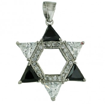 Sterling Silver Pendant (W=28mm) Black/Clear Cubic Zirconia Jewish Star