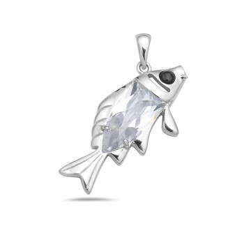 Sterling Silver Pendant Chess Cut Clear Cubic Zirconia Fish with Black Cubic Zirconia Eyes