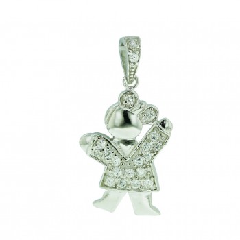 Sterling Silver Pendant Little Girl with Clear Cubic Zirconia Bow+Skirt