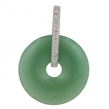 Sterling Silver Pendant 35mm Darker Green Jade Donut+Clear Cubic Zirconia Straig