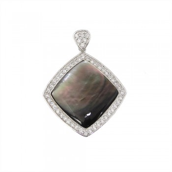 Sterling Silver Pendant Black Mother of Pearl Rhombus Clear Cubic Zirconia