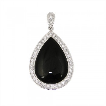 Sterling Silver Pendant Onyx Teardrop with Clear Cubic Zirconia Outline