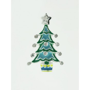 Sterling Silver Pendant Blue+Green Enamel Chistmas Tree with Clear Cubic Zirconia