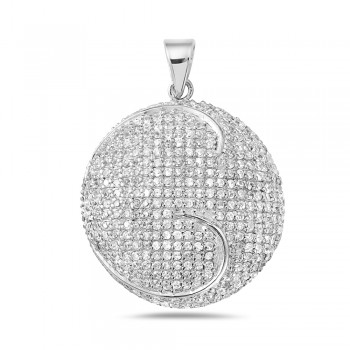 Sterling Silver Pendant W=30mm Clear Cubic Zirconia Round with Plain Line Curl