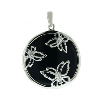 Sterling Silver Pendant 24.5mm Round Onyx with Clear Cubic Zirconia Triple Butterfly