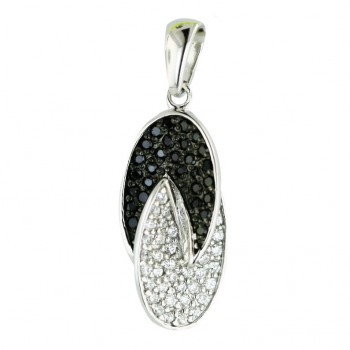 Sterling Silver Pendant 1/2 Black Cubic Zirconia+1/2 Clear Cubic Zirconia Oval--Rhodium Plating/Nickle Free--