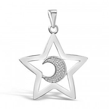 Sterling Silver Pendant Plain Open Star with Moon Backwards--Rhodium Plating/Nickle Free-