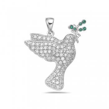Sterling Silver Pendant Pave Clear Cubic Zirconia Dove with Emerald Green. Leaf