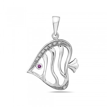 Sterling Silver Pendant Synthetic Ruby#5 Eyes with Clear Cubic Zirconia+Plain Open Fish-