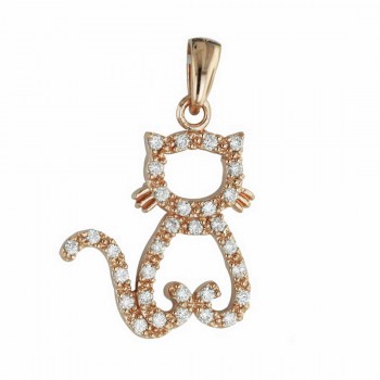 Sterling Silver Pendant Rosegold Tone with Open Clear Cubic Zirconia Kitty--Rhodium Plating/Nickle Free-