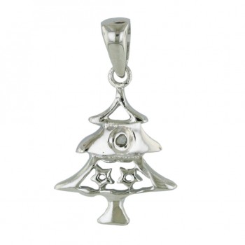 Sterling Silver Pendant Plain Christmas Tree with 1Pcs Diamond