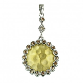 Sterling Silver Pendant 19X19mm 2 Tone Gold Round Hammered with Champagne Cubic Zirconia