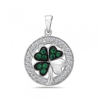Sterling Silver Pendant 20mm Cubic Zirconia with Emerald Green Glass (Black
