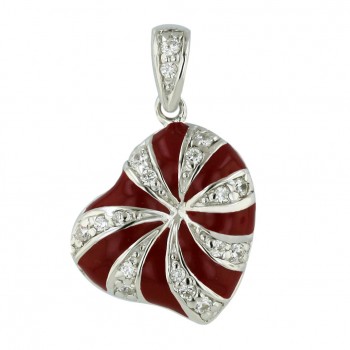 Sterling Silver Pendant 17mm Red Epoxy#17 with Clear Cubic Zirconia Heart Lines