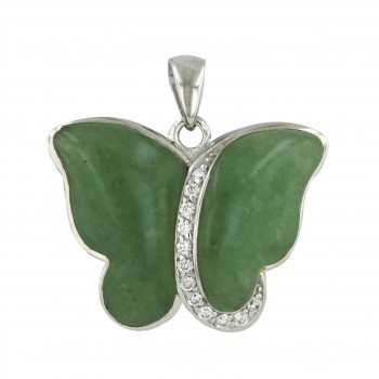 Sterling Silver Pendant 34X26mm Green Aventurine Butterfly with Clear C