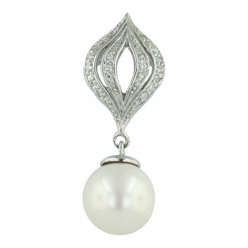 Sterling Silver Pendant 12mm White Mother of Pearl Shell Pearl with Open Clear Cubic Zirconia To