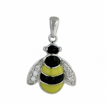 Sterling Silver Pendant 15X25mmbk Epoyx /Yellow Honeybee with Clear Cubic Zirconia with