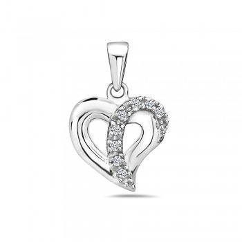 Sterling Silver Pendant Open Clear Cubic Zirconia Bypass Line Heart--Rhodium Plating/Nickle Free--