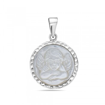 Sterling Silver Pendant 19mm Round White Mother of Pearl Angel Raphael Cameo