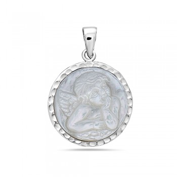 Sterling Silver Pendant 22mm Round White Mother of Pearl Child Angel Cameo Wit