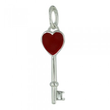 Sterling Silver Pendant Red Epoxy Heart Key--E-coated/Nickle Free--