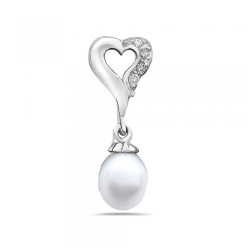 Sterling Silver Pendant 7X6mm White Freshwater Pearl with Silver+Clear C