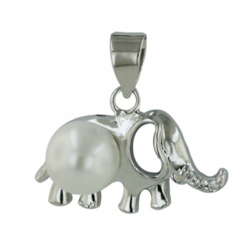 Sterling Silver Pendant with 8mm Shell Pearl& Cubic Zirconia Open Elephant