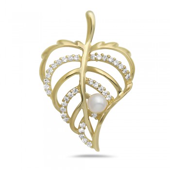Sterling Silver Pendant Open Leaf Clear Cubic Zirconia with 5mm Fresh Water Pearl Gold Plati