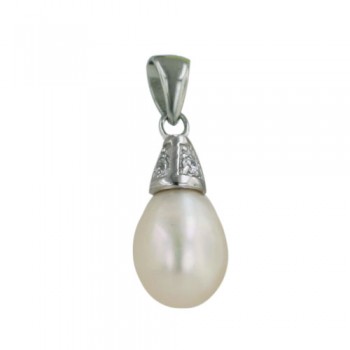 Sterling Silver Pendant 5 Sides Pyramid + 8-9mm Oval Fresh Water Pearl with Clear Cubic Zirconia