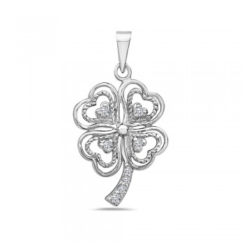 Sterling Silver Pendant of Four Leaf Clover with Clear Cubic Zirconia