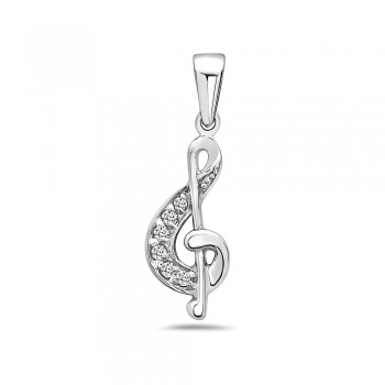 Sterling Silver Pendant of Music Note (G-Clef) with Clear Cubic Zirconia