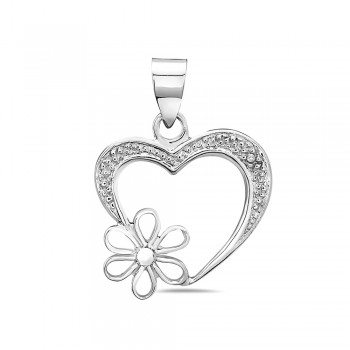 Sterling Silver Pendant with Heart and Flower with Clear Cubic Zirconia