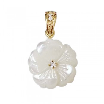 Sterling Silver Pendant Mother of Pearl Flower with Clear Cubic Zirconia-Gold Plating