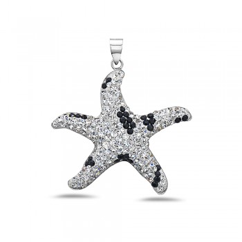 Sterling Silver Pendant Puffy Starfish with Clear and Black Cryst