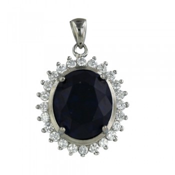 Sterling Silver Pendant 14mm/12mm Oval Sapphire Earth Glass with
